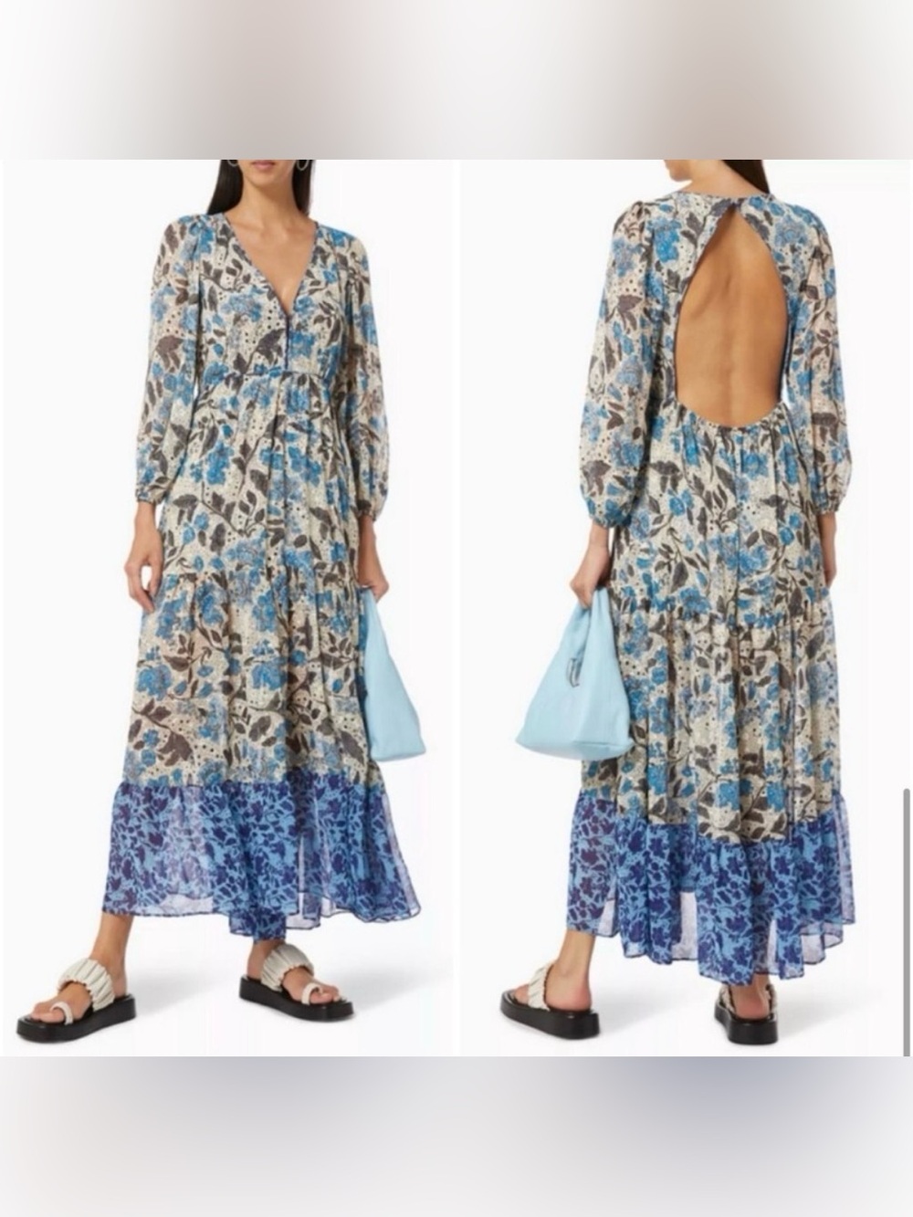 Misa NWT Anahita Open Back Puff Sleeve Maxi Dress Blue Floral XS